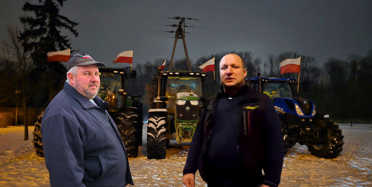 Rolnik Zbigniew Gołda koczuje w traktorze pod Warszawą. Z lewej Jurek Pałasz